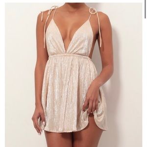 Lucy in the Sky Skye Shoulder Tie Dress in champagne, size small. Only worn ONCE